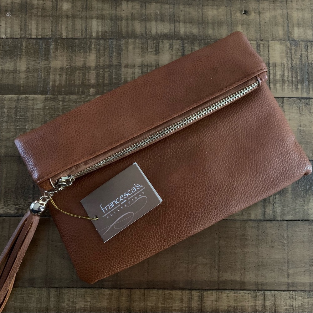 Mini foldover bag in brown with gold detailing.